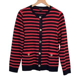 J. Jill Wearever Collection Red - Navy Striped Cardigan Sweater, Gold Buttons, M
